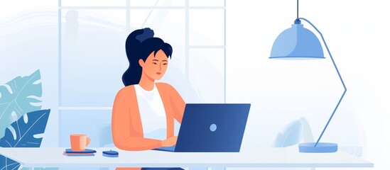 Poster - A businesswoman in casual attire confidently uses her laptop for a virtual meeting, remote work, and professional training.