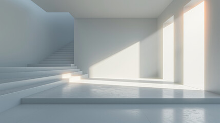 Wall Mural - Abstract white room background with sun light at stairs in modern style for product presentation