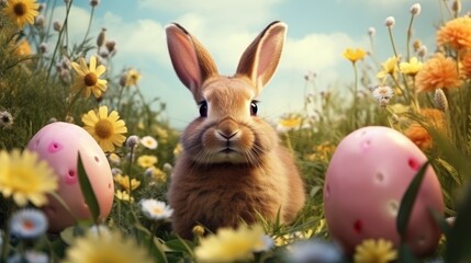 Wall Mural - A cute Easter bunny in a meadow among blooming flowers and with colored eggs, a spring day during the Easter holidays.