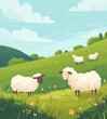 White sheep grazing in a beautiful green meadow. Book illustration for children.