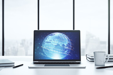 Wall Mural - modern computer screen with abstract graphic coding sketch and world map, big data and networking co