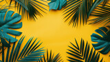 Fototapeta Mapy - Top view tropical palm tree leaves on yellow background, Minimal fashion summer holiday concept. Flat lay
