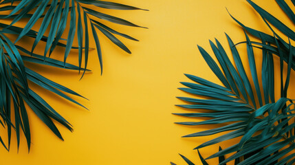 Wall Mural - Top view tropical palm tree leaves on yellow background, Minimal fashion summer holiday concept. Flat lay