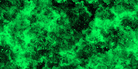 Poster - Abstract dynamic particles with soft green clouds on dark background. Defocused Lights and Dust Particles. Watercolor wash aqua painted texture grungy design