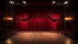 Dramatic red velvet curtains pulled back on an antique stage, with footlights casting a nostalgic glow in an empty auditorium
