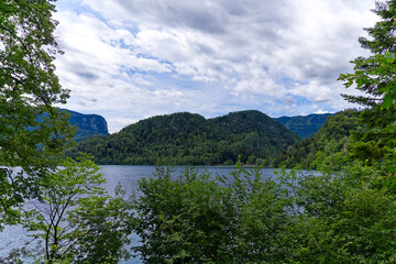 Wall Mural - Lake Bled with woodland and mountain panorama in the background on a cloudy summer day. Photo taken August 8th, 2023, Bled, Slovenia.