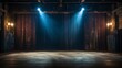 Backstage theater with vintage spotlights, deep blue curtains, and a wooden stage floor