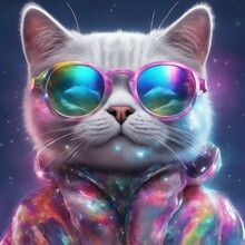  A Cute Delicate Cat Looking At The Camera And Wearing A Colorful Hoodie And Glasses With A Beautiful Background.