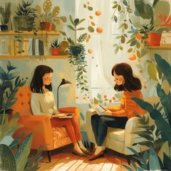 Create illustrations that gently address the importance of mental health, showcasing moments of self-care, therapy sessions, or supportive interactions between friends and family