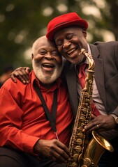 Sticker - Two men in red hats and red shirts are smiling and playing saxophones. Generative AI.