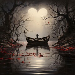 Wall Mural - Wooden boat in the middle of a dark forest river in the sky, heart outlines visible. Valentine's Day as a day symbol of affection and love.