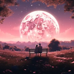 Wall Mural - A couple in love sitting on a bench watching the big moon. Valentine's Day as a day symbol of affection and love.