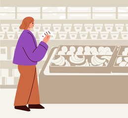 Wall Mural - Consumer with shopping list in grocery store. Woman customer with paper plan in supermarket, greengrocery, fruit department. Female buyer, shopper choosing food products. Flat vector illustration