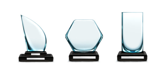 Wall Mural - 3d set of glass trophies isolated on white background. vector realistic illustration of transparent 