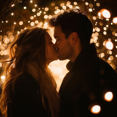 Poster - Candid and genuine moment of a couple sharing a tender kiss against a dreamy backdrop of fairy lights