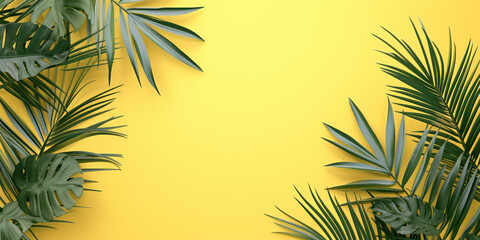 Wall Mural - Top view tropical tree leaves on yellow background, Flat lay Minimal fashion summer holiday vacation concept