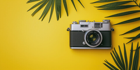 Sticker - Top view vintage camera and palm leaves on yellow background, Minimal fashion summer holiday concept. Flat lay