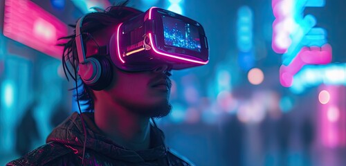 Man immersed in modern virtual world wearing VR goggles amidst city illuminated by vibrant neon lights intersection of technology and innovation futuristic cyber realities meet everyday life