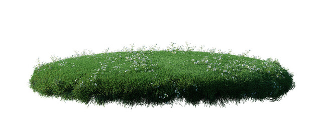 round surface patch covered with flowers, green or dry grass isolated on white background. realistic