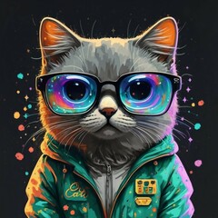  A cute delicate cat looking at the camera and wearing a colorful hoodie and glasses with a beautiful background.