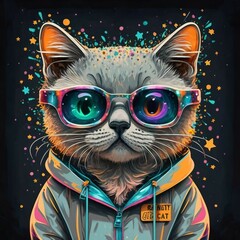 A cute delicate cat looking at the camera and wearing a colorful hoodie and glasses with a beautiful background.