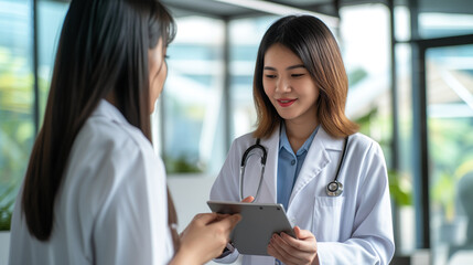 Wall Mural - Confident Chinese doctor using a digital tablet to explain test results to a patient