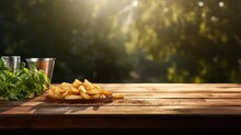 Golden French Fries Resting On A Wooden Table Amidst The Garden's Greenery.