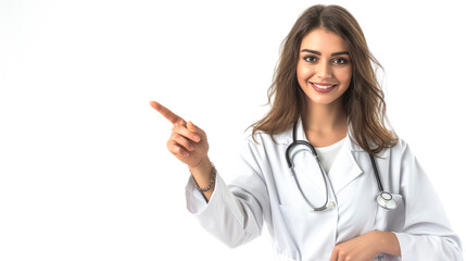 Wall Mural - Expert medical professional with a bright and friendly smile, pointing towards a health-related concept