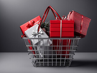 Small empty metal shopping basket with green handles with gift boxes presents on grey background. Shop buying holiday concept. Copy text space for advertising