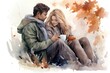 Couple in love drinking coffee on autumn leaves background. Watercolor painting