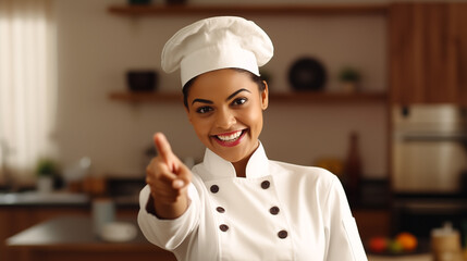 Poster - indian woman chef in home kitchen, pointing fingers