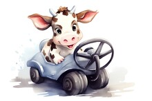 Cartoon Scene With Cow Driving Car On White Background - Illustration For Children