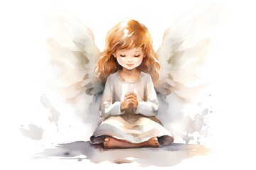 Watercolor illustration of a beautiful little angel with wings and a child.