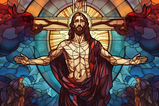 Illustration in stained glass style with Jesus Christ on the cross.