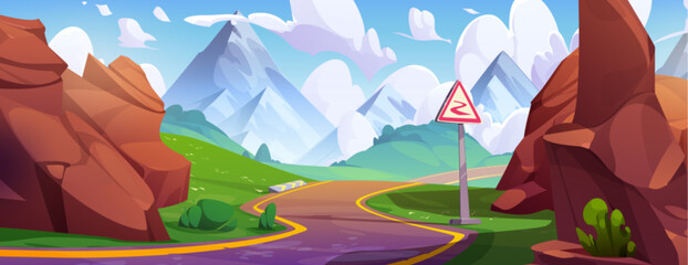Wall Mural - Curvy road in mountain valley. Vector cartoon illustration of winding highway between stones with warning traffic sign, rocky landscape on horizon, green grass on hills, clouds in blue sunny sky