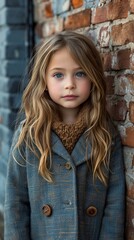 Wall Mural - A charming portrait featuring a little fashion-forward girl standing against a textured bricks wall background. 