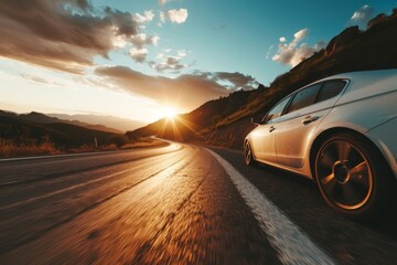 Wall Mural - car on mountain road traveling around the world highways and sunset, tires on the asphalt road