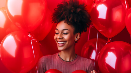 Sticker - A happy woman holding heart-shaped balloons