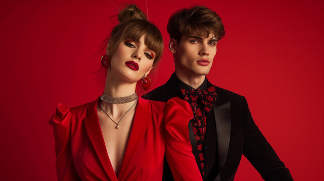 Stylish and contemporary portrait of a male and female model, showcasing fashionable Valentine's Day attire with a mix of classic and modern elements