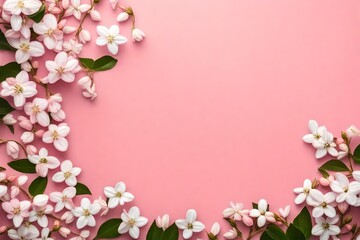  pink background with text copy space in middle with small white branch of the flower at the one side of the corner backgroun view  