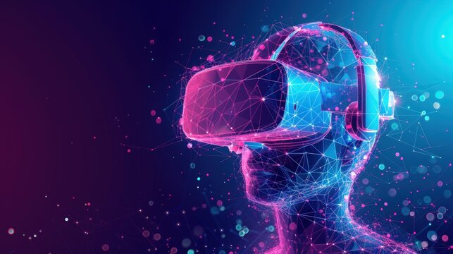 Holographic low poly wireframe virtual reality technology with neon light color
