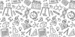 © nadiinko - Education doodle seamless pattern. Science line hand drawn elements - mathematics formula, chemistry molecule, dna, graph, scientific experiment vector repeated background