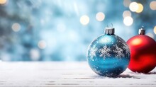 Christmas Background With Blue And Red Baubles On Bokeh Background