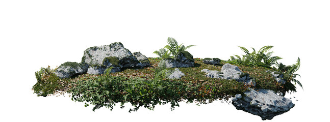round surface patch covered with flowers, green leaf rock fern or dry grass isolated on white backgr