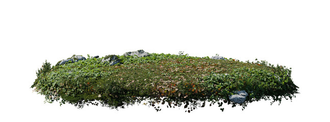 round surface patch covered with flowers, green leaf rock fern or dry grass isolated on white backgr