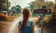 A Young Lady at a Intersection with a Direction Marker Pointing to Choice, Symbolizing Life Preferences, Route, and the Ambiguity of Upcoming Avenues