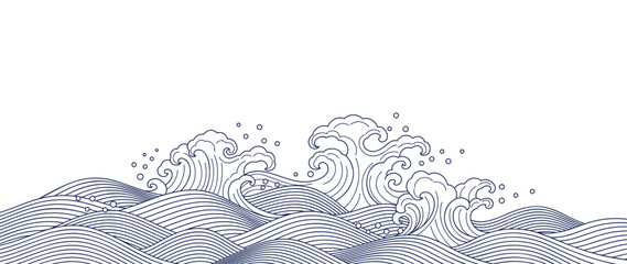 Japanese sea wave background vector. Wallpaper design with blue and white ocean wave pattern backdrop. Modern luxury oriental illustration for cover, banner, website, decor, border.