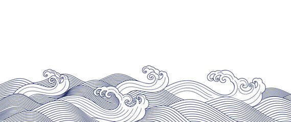 Wall Mural - japanese sea wave background vector. wallpaper design with blue and white ocean wave pattern backdro