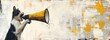 Whimsical mixed media artwork of a hyper-realistic cat yelling into a yellow megaphone against a vintage newspaper collage background.