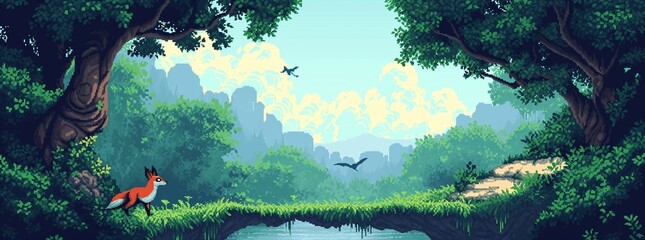 Wall Mural - Pixel art landscape featuring a vivid fox in a lush forest setting with a wooden bridge and pastel skies, invoking nostalgic 16-bit video game charm.